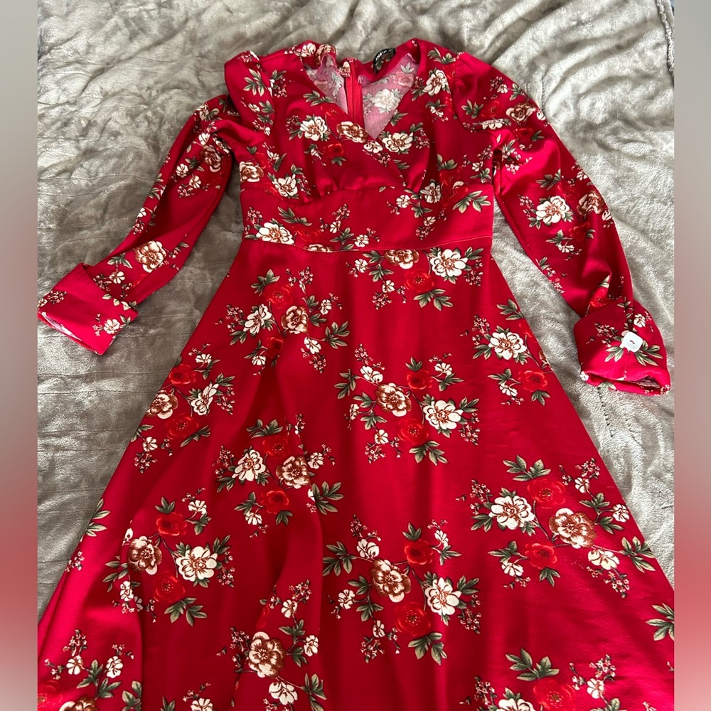 Floral Red Long Sleeve Dress